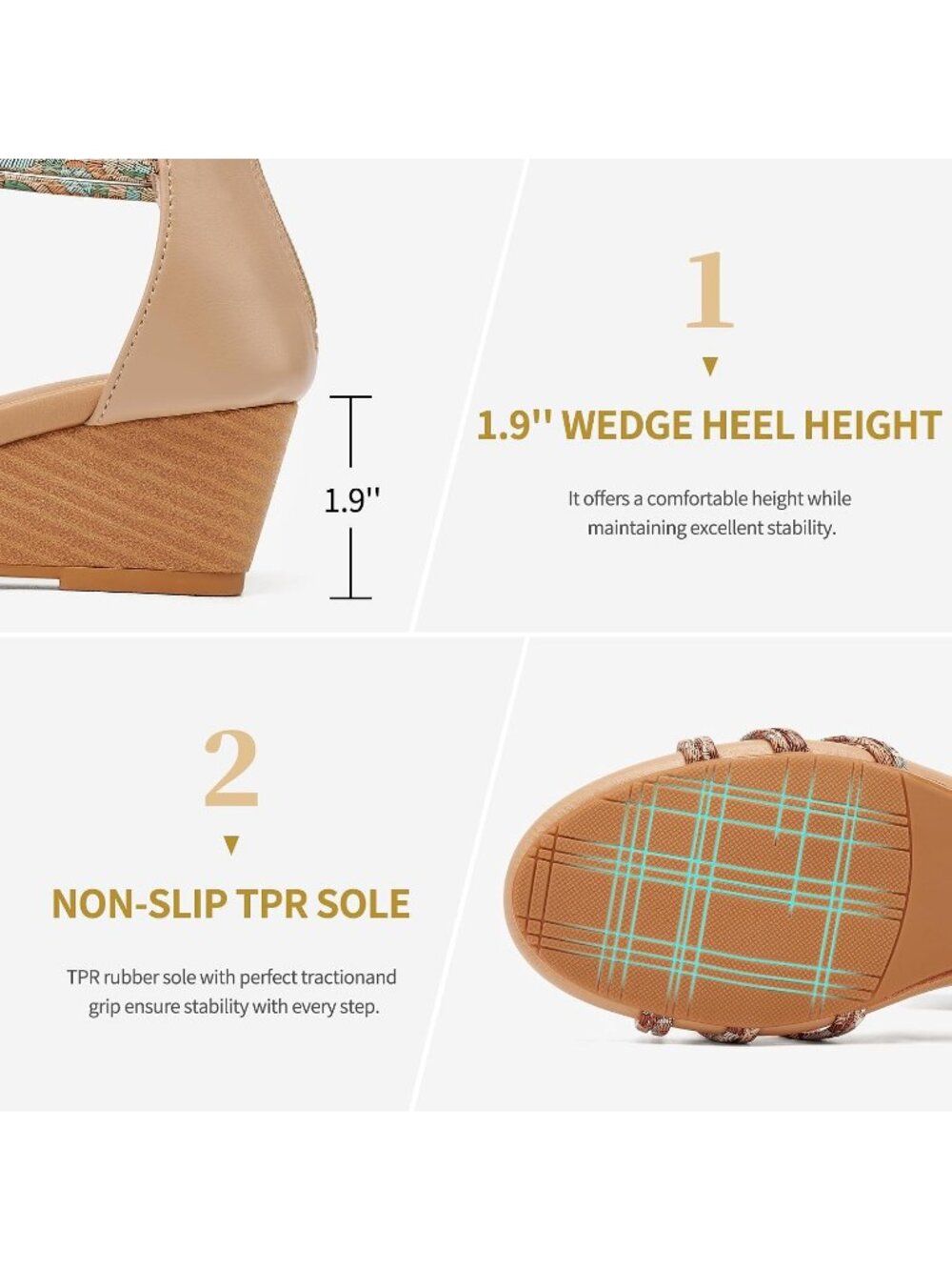 ✨Women Beige Floral Low Heel Open Toe Zipper Gladiator Ankle Strap Wedge Sandals - Picture 6 of 6